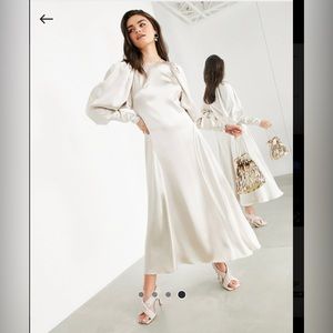 ASOS EDITION satin gathered shoulder midi dress in oyster